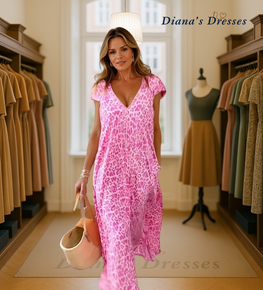 Hannah - Long printed dress with V-neck and short sleeves